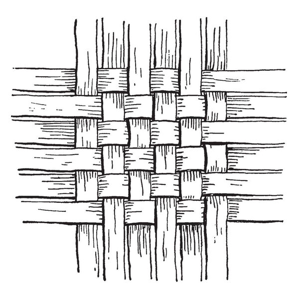 Checker Work Basket Weave, The simplest form of woven basketry and its most general use for large baskets is checker work and the splints cross at right angles, vintage line drawing or engraving illustration.