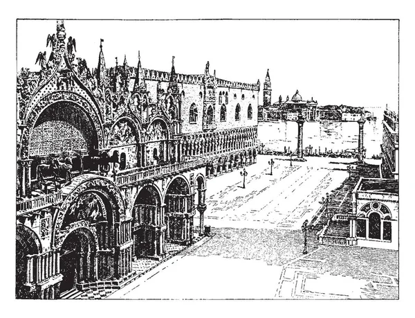 威尼斯建筑学 哥特式建筑学的例子 在威尼斯 意大利 Doge 的宫殿 辉煌的建筑学 高度的交替 光的反射 复古线图画或雕刻例证 — 图库矢量图片