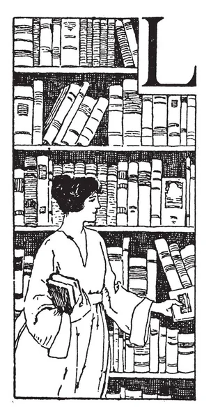Bibliothek Oder Bücherregale Dame Bibliothekarin Dokumente Mikroform Cds Kassetten Videobänder — Stockvektor