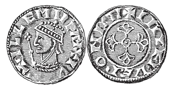 中世のコインは銀ペニーの表裏 ウィリアム征服王は ヴィンテージの線描画や彫刻イラストの治世中に — ストックベクタ