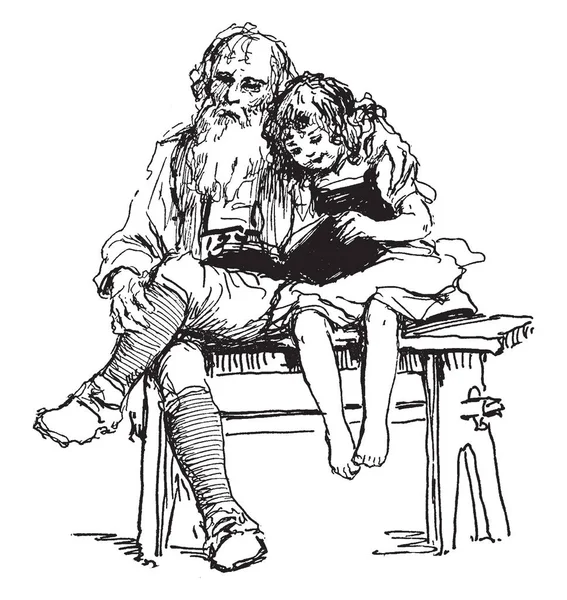 Dívka Její Dědeček Lavička Dívka Dědečkem Čtení Sezení Vintage Čáry — Stockový vektor