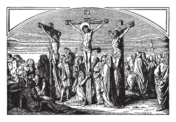 2 人の強盗のビンテージ図とイエスの十字架刑. — ストックベクタ