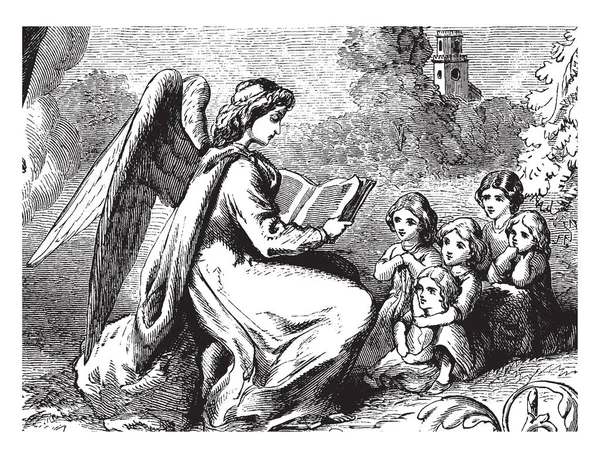 Angel Reading Para Crianças Livro Audição História Tempo Rocha Desenho — Vetor de Stock