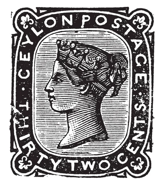 这张图片代表锡兰三十二美分邮票在 1872年 复古线画或雕刻插图 — 图库矢量图片