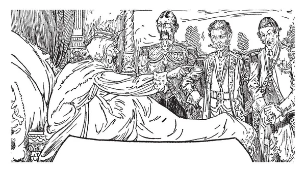 在沙发上的国王责骂三人站在沙发上 老式线画或雕刻插图 — 图库矢量图片