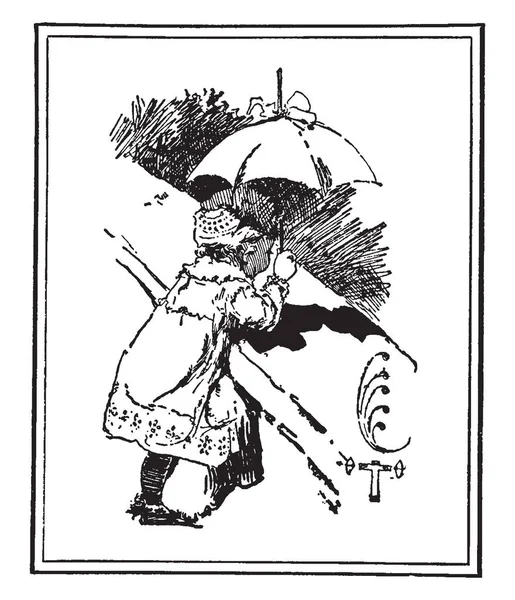 Dítě Deštníkem Most Vintage Kreslení Čar Nebo Gravírování Obrázku — Stockový vektor