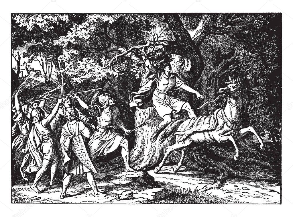 In this picture Absalom can be seen hanging on an Oak tree and Joab attacking with some spears on him.  Whereas the horse of Absalom can be seen preparing to run away, vintage line drawing or engraving illustration.