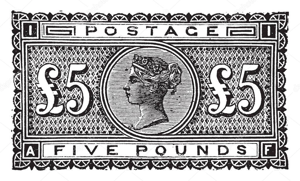 Great Britain and Ireland Five Pound Stamp in 1882 which is used during this period are referred to as Great Britain used in Ireland, vintage line drawing or engraving illustration.