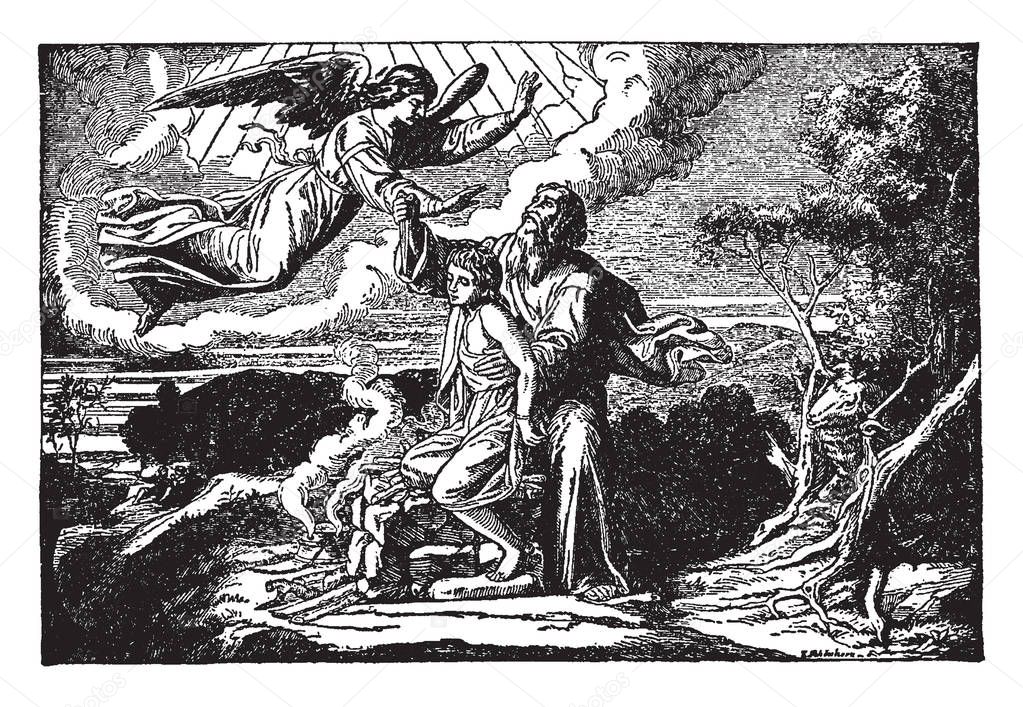 In this frame a man has taken his son to death in a forest and there are angels from heaven to read that child, vintage line drawing or engraving illustration.