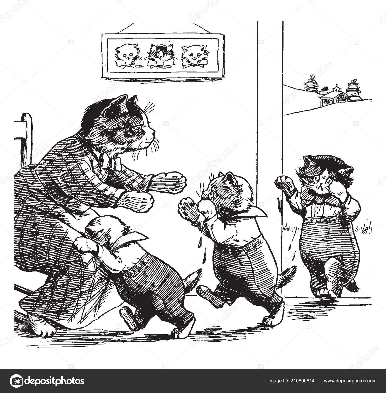Three Kittens Cloths Walking Mother Cat Crying Sitting Three Kittens In Cloths Walking Towards To Their Mother Cat And Crying Sitting On Chair Frame Of Wall Vintage Line Drawing