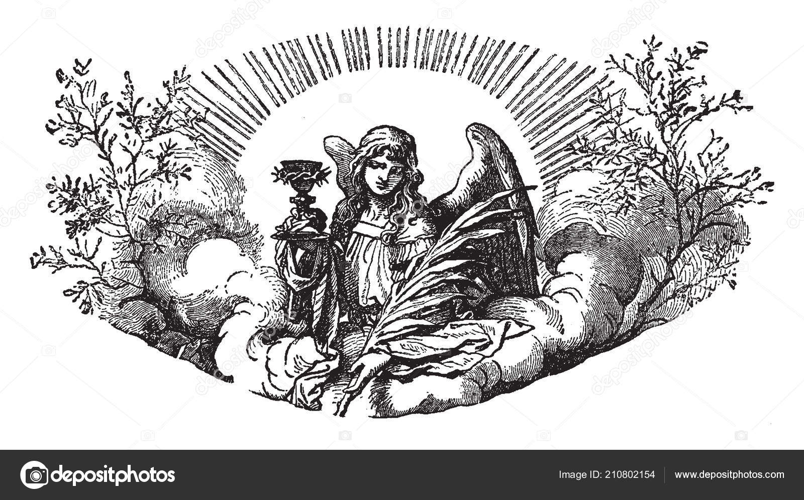 En engel som holder den hellige gral, tornekronen og palmebladet.  stockvektor © Morphart #210802154, image size:1600x996