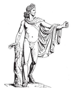 Belvedere Apollo ayakta, onun sadece bir ok, vintage çizgi çizme veya oyma illüstrasyon vurdu Apollo heykeliyle açık görünümü gösterilmektedir olduğunu.