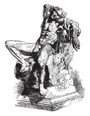 Barberini Faun veya sarhoş Satyr 1620 Castel Sant'Angelo aşağıda bir hendek içinde Roma, vintage çizgi çizme veya oyma illüstrasyon bulundu.