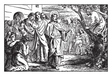 Yüksekliği kısa Zacchaeus ağaca tırmandı büyük bir kalabalık, vintage çizgi çizme veya oyma resimde İsa'yı görmek için.