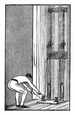 Makine güreş egzersiz için bir cihazdır. Bu görüntüde bir adam güreş makinesi, vintage çizgi çizme veya oyma illüstrasyon ile egzersiz yapıyor.