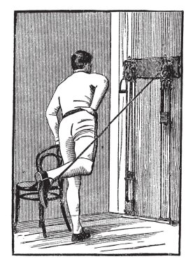 Göğüs ağırlıklar ile egzersiz bir adam, o kolları dizlerinin üzerine getirerek ve sonra düzleştirme, vintage çizgi çizme ya da illüstrasyon oyma