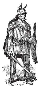 Soldier with horned helmet carrying shield and sword in hands, vintage line drawing or engraving illustration clipart