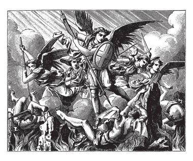 Lucifer'ın gökten düştü. Michael ve diğer melekler yenilmiş melekler karşı vintage çizim için mücadele veya illüstrasyon oyma.