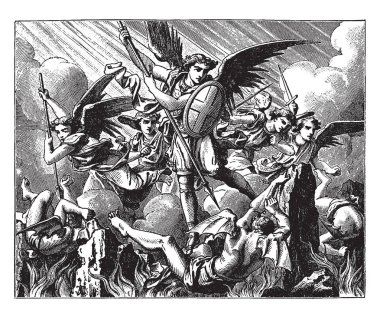 Lucifer's has fallen from the Heaven. Michael and Other Angels are fighting against the Vanquished Angels, vintage line drawing or engraving illustration. clipart