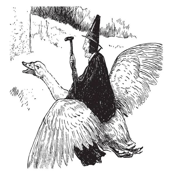 Kaz kuş, vintage çizgi çizme veya oyma illüstrasyon arkasında sürme kafasına şapkalı bir adam