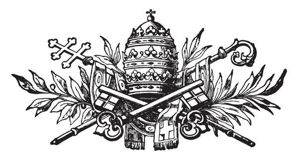The Holy See Coat of Arms with Crosier Processional Cross and Decorative Foliage, vintage line drawing or engraving illustration.