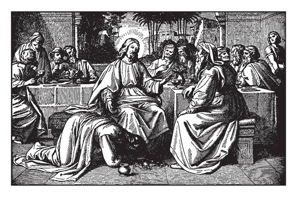耶稣描绘了坐在床上 尼哥底母站在他旁边 耶稣举起左手 复古线画或雕刻插图 — 图库矢量图片