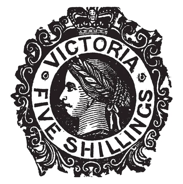 Victoria Cinco chelines Sello de 1868 a 1878, vintage illustr — Vector de stock