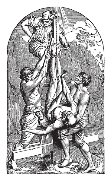 Peter Crucified na Upside Down Cross vintage ilustrace. — Stockový vektor