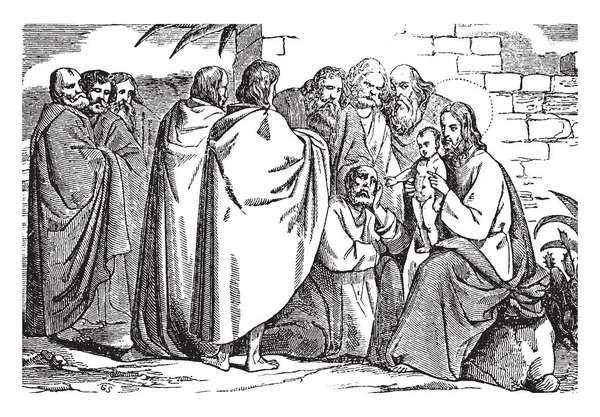 Jesús cura a un niño epiléptico ilustración vintage . — Vector de stock