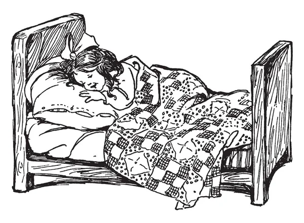 Kız uyku, küçük bir kız yatakta uyuyor, vintage satır çizim veya gravür resimde bu sahne gösterisi