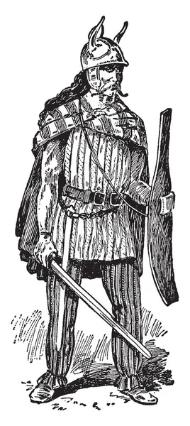 角ヘルメット シールドと手 ヴィンテージの線描画や彫刻イラストで剣を運ぶ兵士 — ストックベクタ