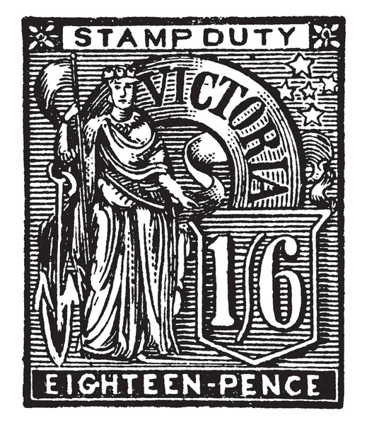 Esta Ilustración Representa Sello Victoria Eighteen Pence 1889 Dibujo Línea — Archivo Imágenes Vectoriales