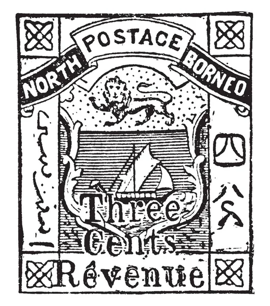 这个插图代表英国北部婆罗洲收入邮票三美分在 1886年 复古线画或雕刻插图 — 图库矢量图片