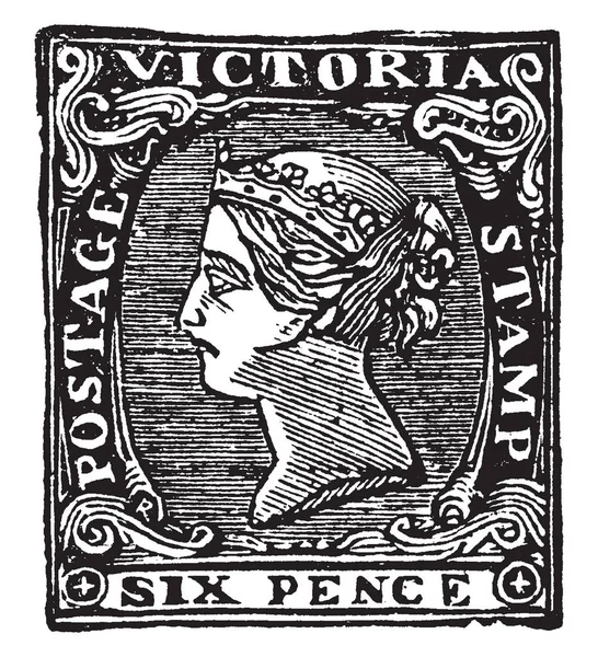 Victoria Six Pence Stamp 1854 1858 Vintage Line Drawing Engraving — Stock Vector