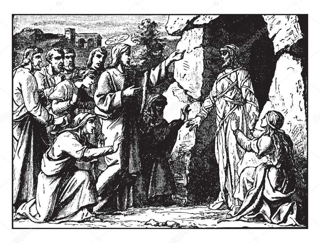 Illustration of Mary Magdalene drying Jesus' feet with the hair on her head, after she washed them with her tears and before she anointed them, vintage line drawing or engraving illustration.