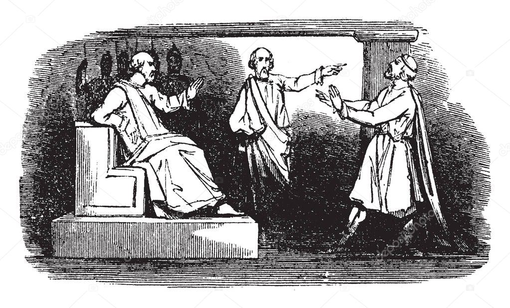 Saint Paul stood in front of Governor Antonius Felix with raised hands.Some soldiers stood beside Governor in shadow, vintage line drawing or engraving illustration.