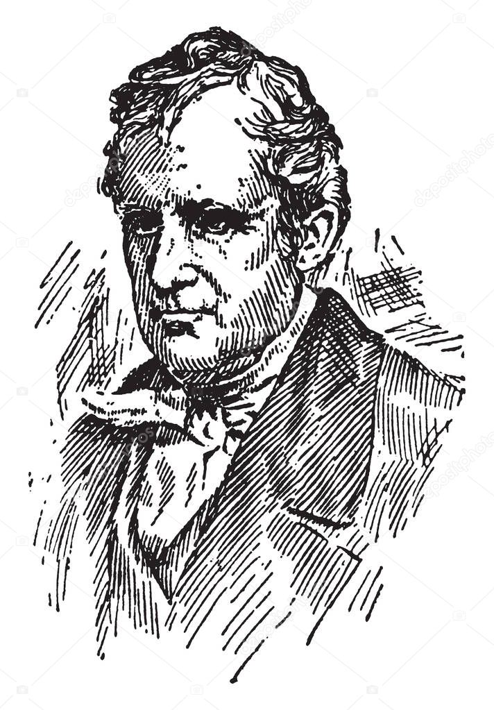 James Fenimore Cooper, 1789-1851, he was popular American novelist, Historian, and US Navy sailor, most famous for his work The Last of the Mohicans, vintage line drawing or engraving illustration