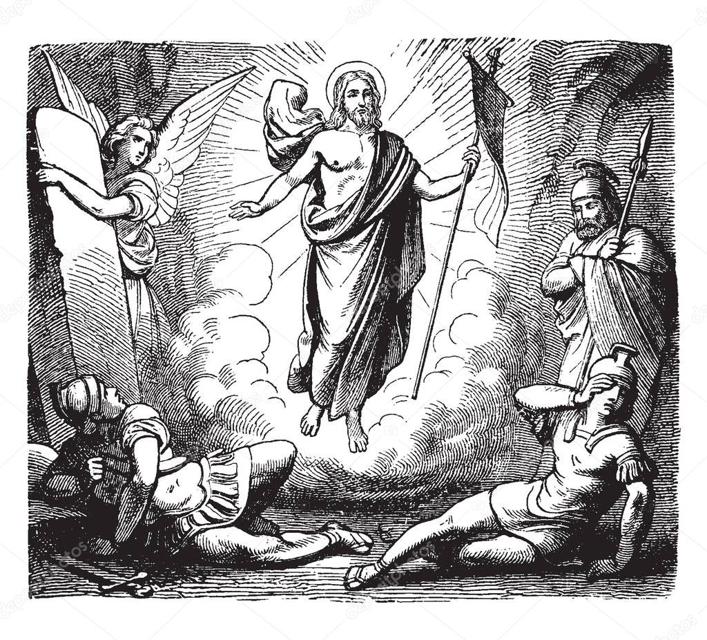 This picture shows the resurrection of Jesus when an angel removed the stone away from the entrance of the tomb, vintage line drawing or engraving illustration.