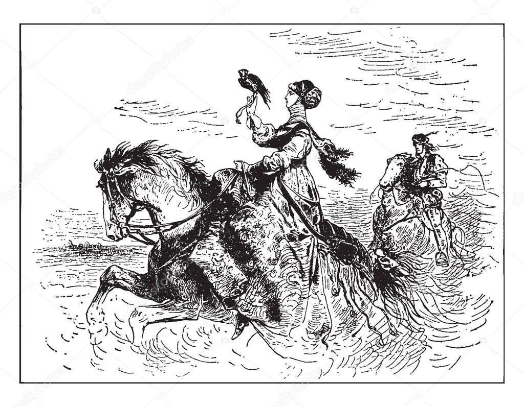 In this picture there is a high-born, noblewoman rides a stallion while holding a falcon perched on her right hand. She is wearing a falconry glove and holds the horses reins in her left hand, vintage line drawing or engraving illustration.