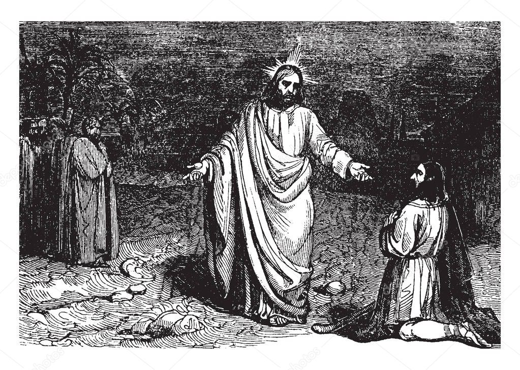 A shown in picture, Jesus bringing Jairus' recently deceased, 12-year-old daughter back to life, Jesus is holding the hand of the girl as she raises her upper body from the bed, vintage line drawing or engraving illustration.