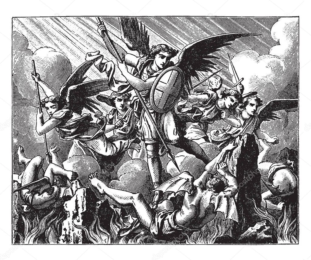 Lucifer's has fallen from the Heaven. Michael and Other Angels are fighting against the Vanquished Angels, vintage line drawing or engraving illustration.
