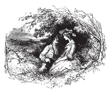 Ağaç, vintage çizgi çizme veya oyma illüstrasyon altında oturan genç bir çift