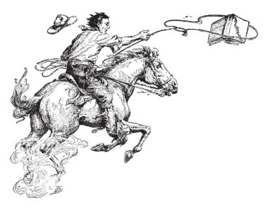 Adam Lassoing kitap aritmetik, kovboy, at, Binicilik, Kement, at sırtında, Binicilik, vintage çizgi çizme veya oyma illüstrasyon.