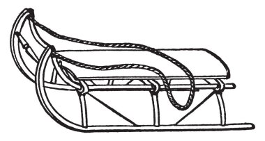 Oturun ve el ile çekerek, vintage çizgi çizme veya oyma illüstrasyon için kullanılacak olan bir ip sahip bir kızak.