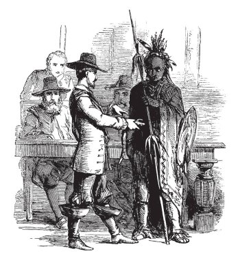 Mızrak ve kalkan, vintage çizgi çizme veya oyma illüstrasyon ile yerel giysili başka bir adamla konuşan bir adam