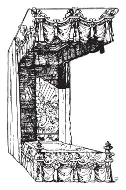 Barocco karyola da geçit töreni-karyola, vintage çizgi çizme veya oyma illüstrasyon çağrıldı.