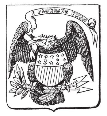 Büyük mühür 1782, Amerika Birleşik Devletleri bu kalkan şekli mührü kel kartal vardır sloganı ile E Pluribus Unum kalkan ile yıldızlar ve çizgiler çizim veya illüstrasyon oyma, göğüs ve holding zeytin dalı ve okları, vintage satırında yoktur 