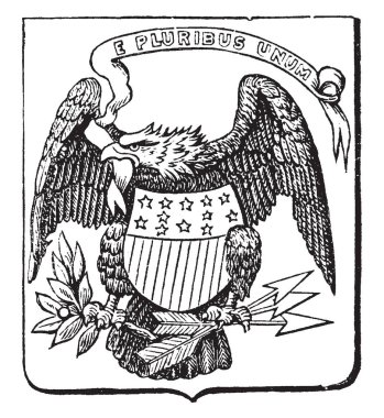 The Great Seal of the United States, 1782, this shield shape seal has bald eagle with motto E PLURIBUS UNUM has shield with stars and stripes at its chest, and holding olive branch and arrows, vintage line drawing or engraving illustration  clipart