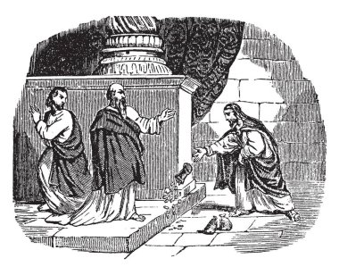 Bu resim için Peter Simon, büyücü sunuluyor para gösteriyor. Para çantasını ve sikke vardır Peter elini kaldırdı varken yere düşmüş görünüyor. Başka bir havari çekip vintage çizgi çizme veya illüstrasyon oyma.