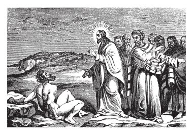 Sinagog hükümdarı, Jairus'ın kızı ölüm döşeğinde yatıyor ve İsa onu geri hayata getiriyor. Jairus'ın karısı kızı ve Jairus kendini ayakta yatak, vintage çizgi çizme veya oyma resimde arka yüzünde oturuyor.